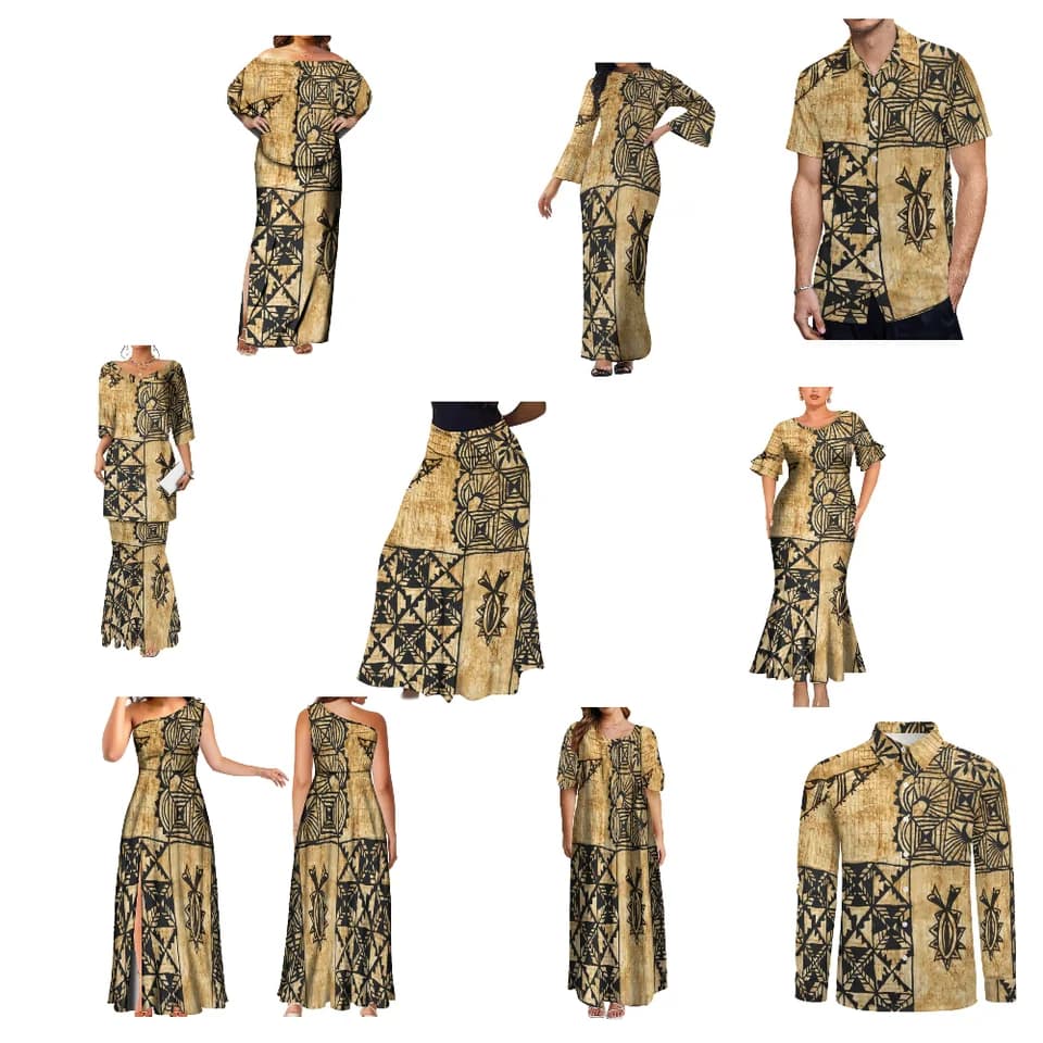 Polynéský pár - elegantní dlouhé šaty a módní košile pro bankety