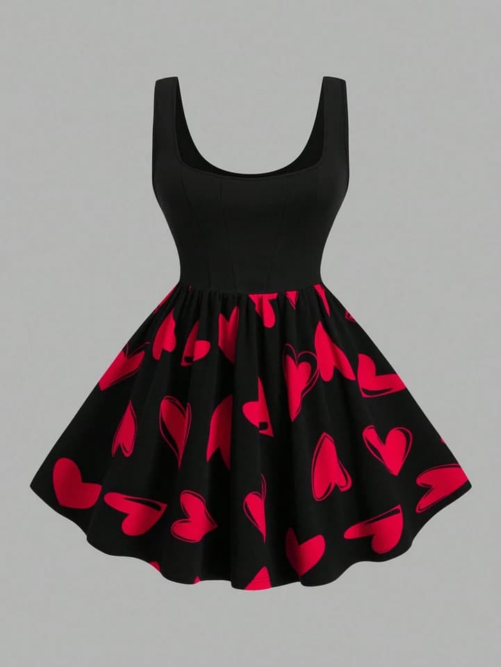 Dámské červené šaty bez rukávů s motivem srdce ve větších velikostech - ležérní letní valentýnský outfit
