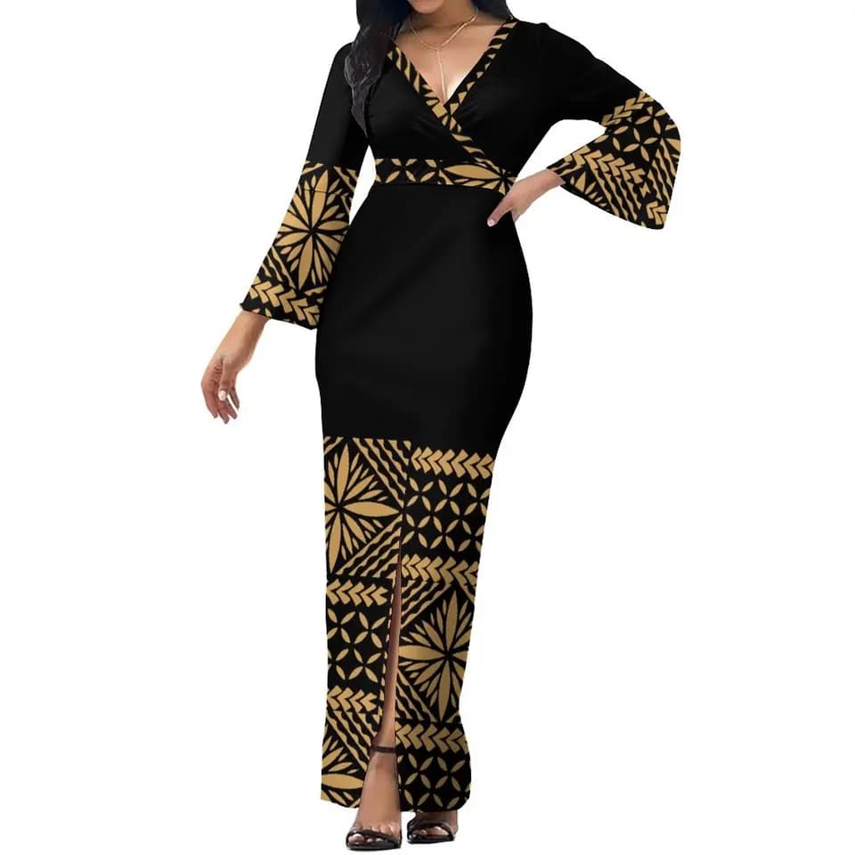 Dámské elegantní polynéské šaty s dlouhým rukávem a rozparkem - rozšířené banketní večerní šaty