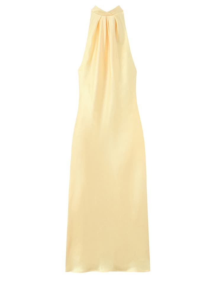 Dámské žluté saténové midi šaty s odhalenými zády, mašlí a šněrováním, bez rukávů, vintage společenské šaty