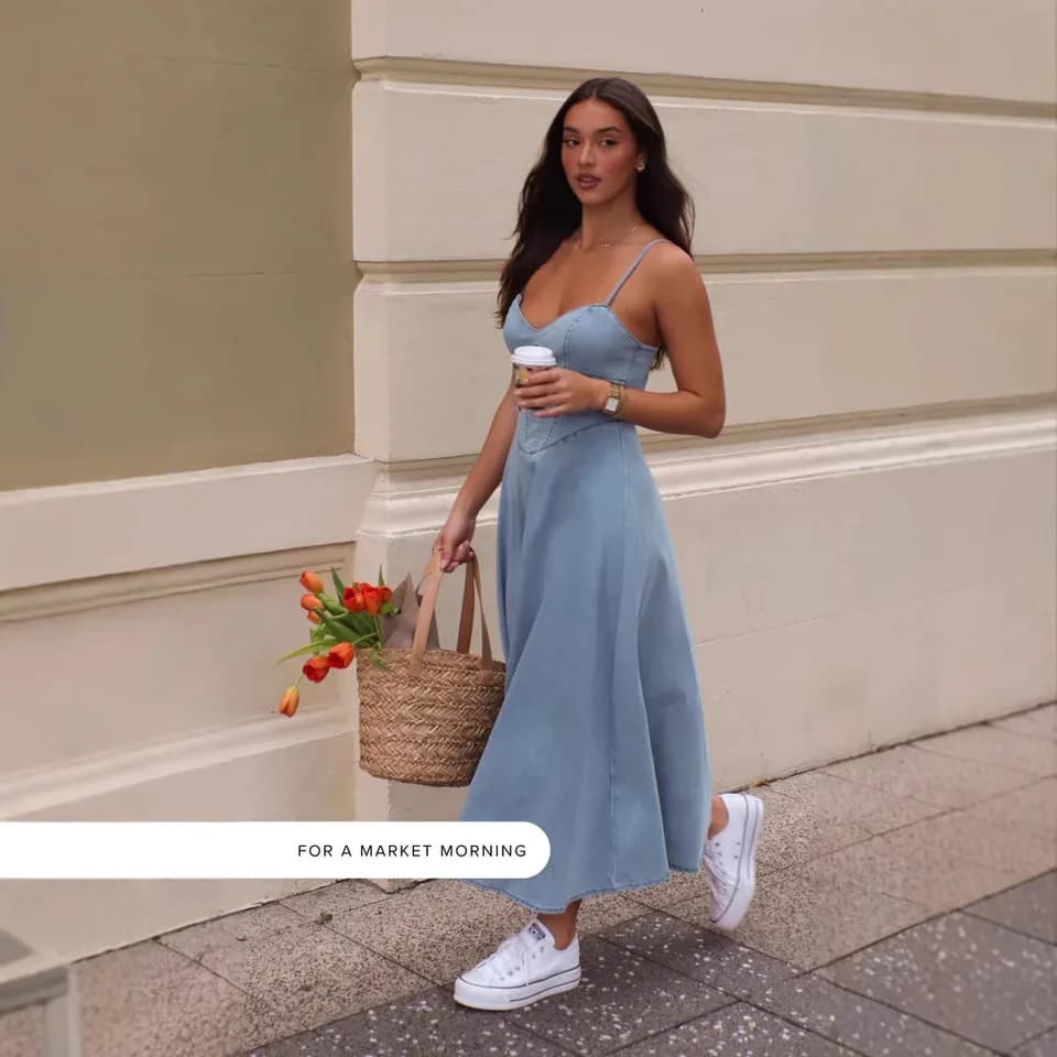 Džínové maxi šaty bez rukávů s výstřihem do V - zeštíhlující letní dlouhé šaty pro ženy