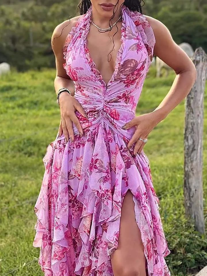 Dámské květinové maxi šaty s ramínky - letní boho vrstvené volánové společenské šaty bez rukávů