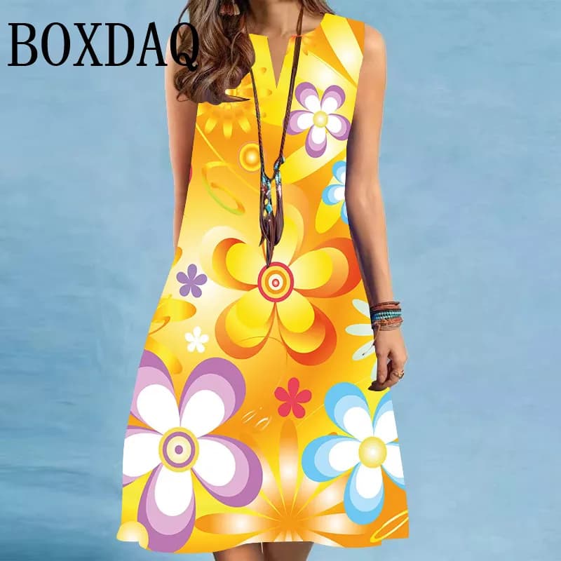 Dámské letní květinové potisky, áčkové šaty, bez rukávů, výstřih do V, volný střih, ležérní retro styl