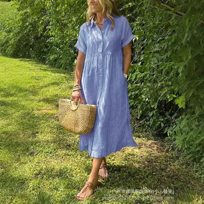 Dámské pruhované midi šaty s krátkým rukávem, ležérní letní délky ke kolenům, plus size košilové šaty