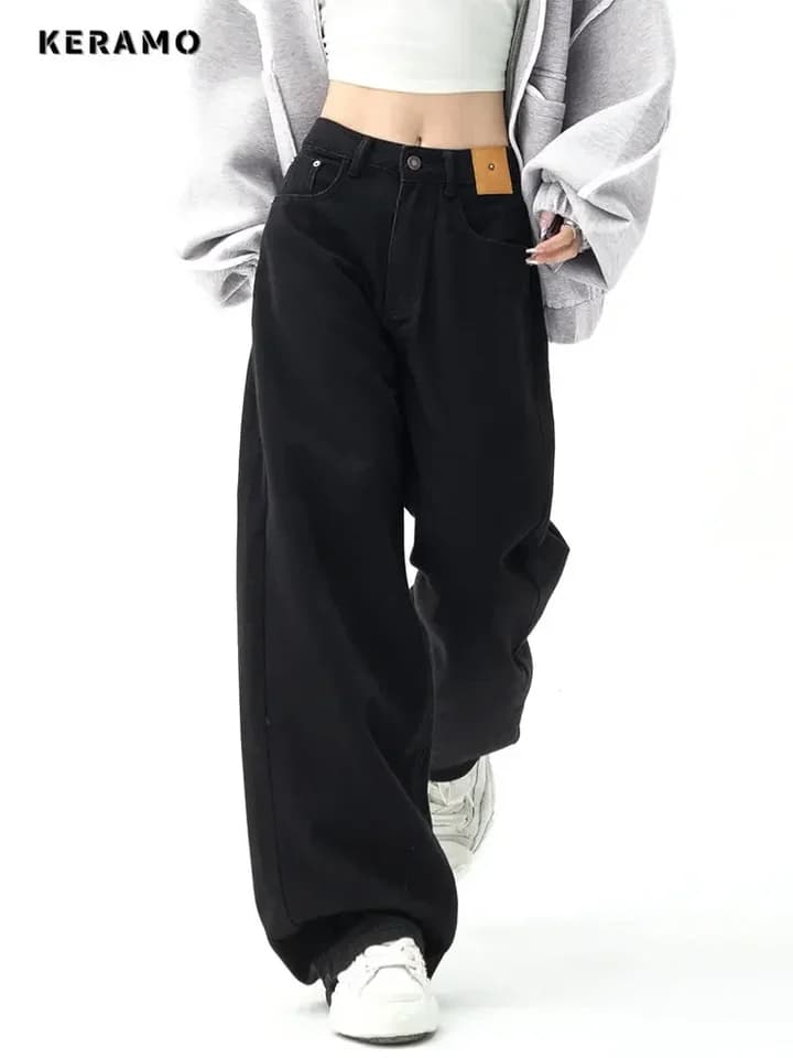 Dámské džíny s vysokým pasem a širokými nohavicemi, černé, volné, rovné, džínové, streetwear, styl Y2K