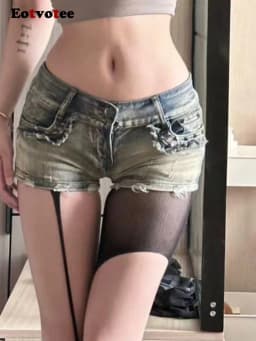 Dámské letní džínové kraťasy s nízkým pasem, slim fit, objímající boky, módní sexy, styl Y2K - náhled 5