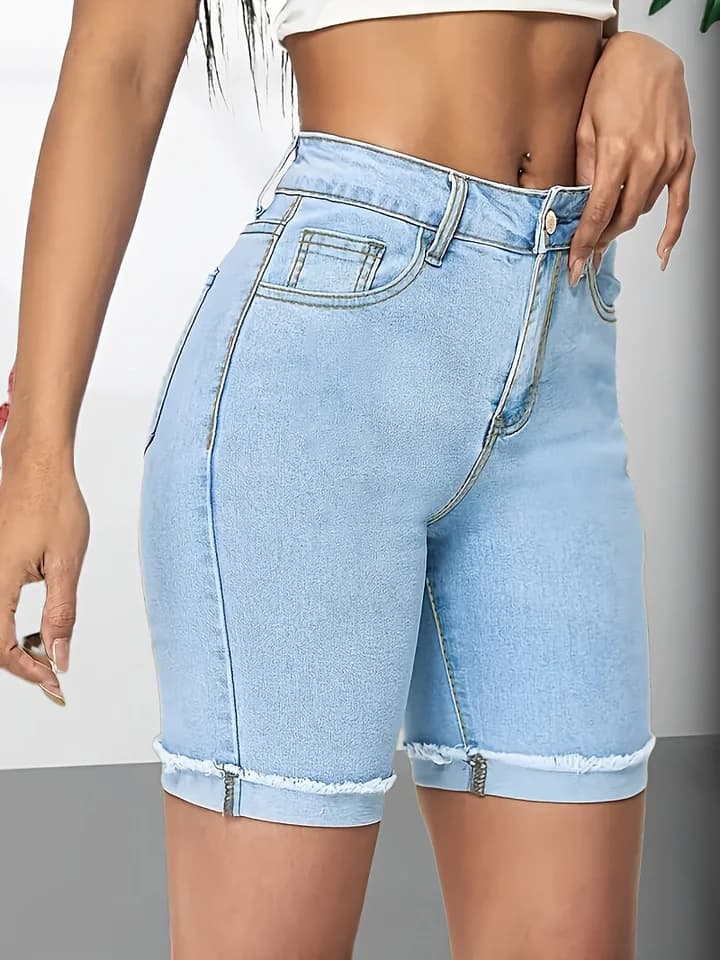 Dámské džínové kraťasy s vysokým pasem - modré elastické, přiléhavé, s raw edge, letní módní kalhoty