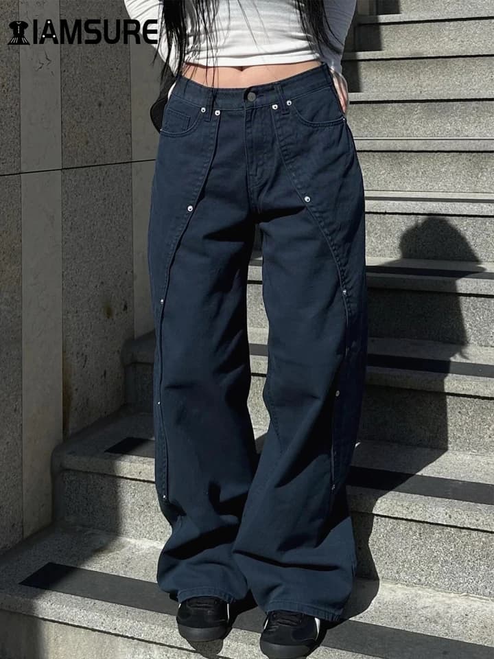 Dámské široké džíny s nízkým pasem, rovné, ležérní, volné, s nýtovými detaily, streetwear kalhoty