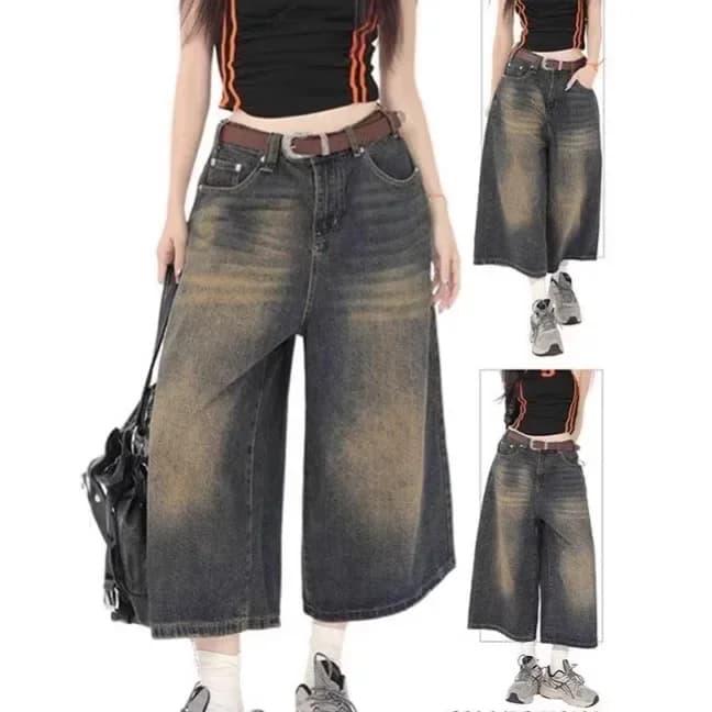 Dámské letní džínové kraťasy s vysokým pasem, široké nohavice, vintage styl, plus velikost