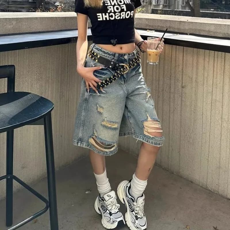 Dámské džínové kraťasy s vysokým pasem, roztrhané, po kolena, pytlovité, opotřebované, letní módní