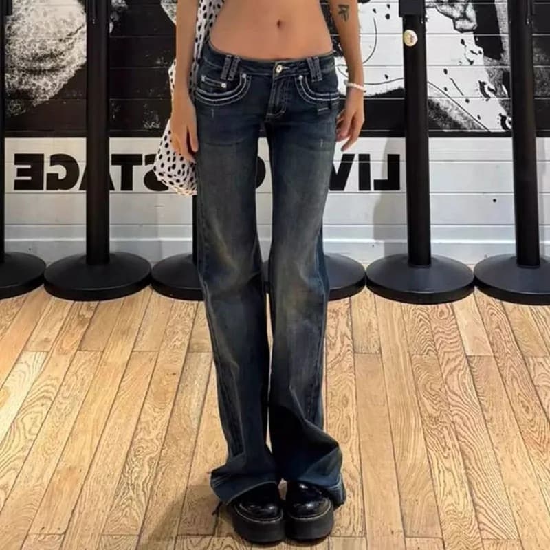 Dámské džíny Y2K s nízkým pasem a širokými nohavicemi, vintage zvonové džínové kalhoty, slim fit