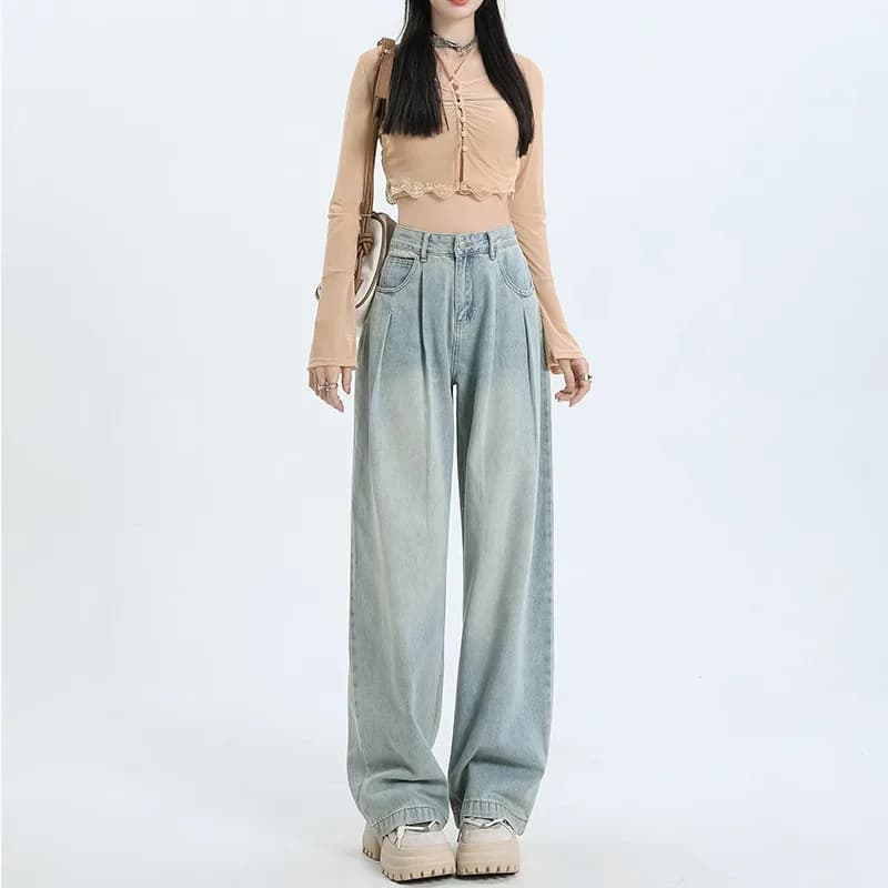 Dámské džíny s vysokým pasem a širokými nohavicemi, skládané, volné, rovné, džínové kalhoty v retro stylu