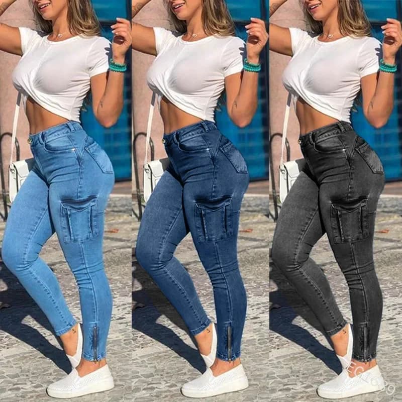 Džíny s vysokým pasem z potrhaného denimu - Dámské slim fit cargo kalhoty s kapsami