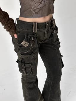 Dámské nízké cargo kalhoty, grunge džíny Y2K s kapsami na zip, streetwear, šedé - náhled 6