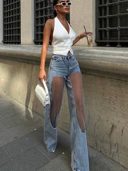 Dámské džíny s vysokým pasem a zoufalým potiskem, modré denimové síťované kolenní panely, hip hopové streetwear kalhoty - náhled 2