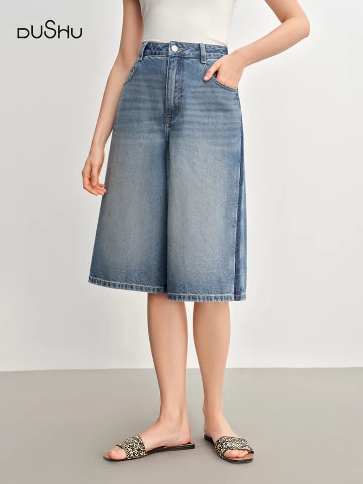 Dámské džíny s vysokým pasem a širokými nohavicemi, 7/8 délka, ležérní džínové kalhoty