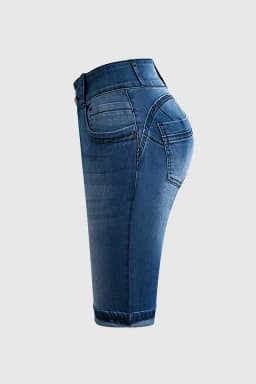 Dámské džínové kraťasy s vysokým pasem, slim fit, letní džínové kraťasy s kapsami, knoflíky a poklopcem - náhled 6