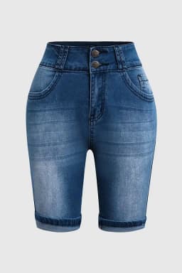 Dámské džínové kraťasy s vysokým pasem, slim fit, letní džínové kraťasy s kapsami, knoflíky a poklopcem - náhled 5