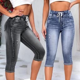 Dámské džínové kalhoty s vysokým pasem, 3/4 délky, letní capri legíny, vintage styl, styl džínů pro mámy - náhled 4