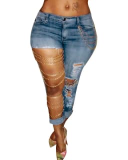 Dámské džíny Distressed Denim s řetízkovými detaily - Slim Fit, Vysoký Pas, Roztrhané, Úzké - náhled 5