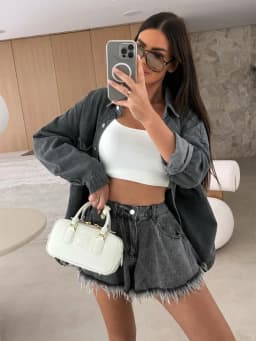 Dámské džínové kraťasy s vysokým pasem, tmavě šedé, volné, letní, ležérní, streetwear - náhled 3
