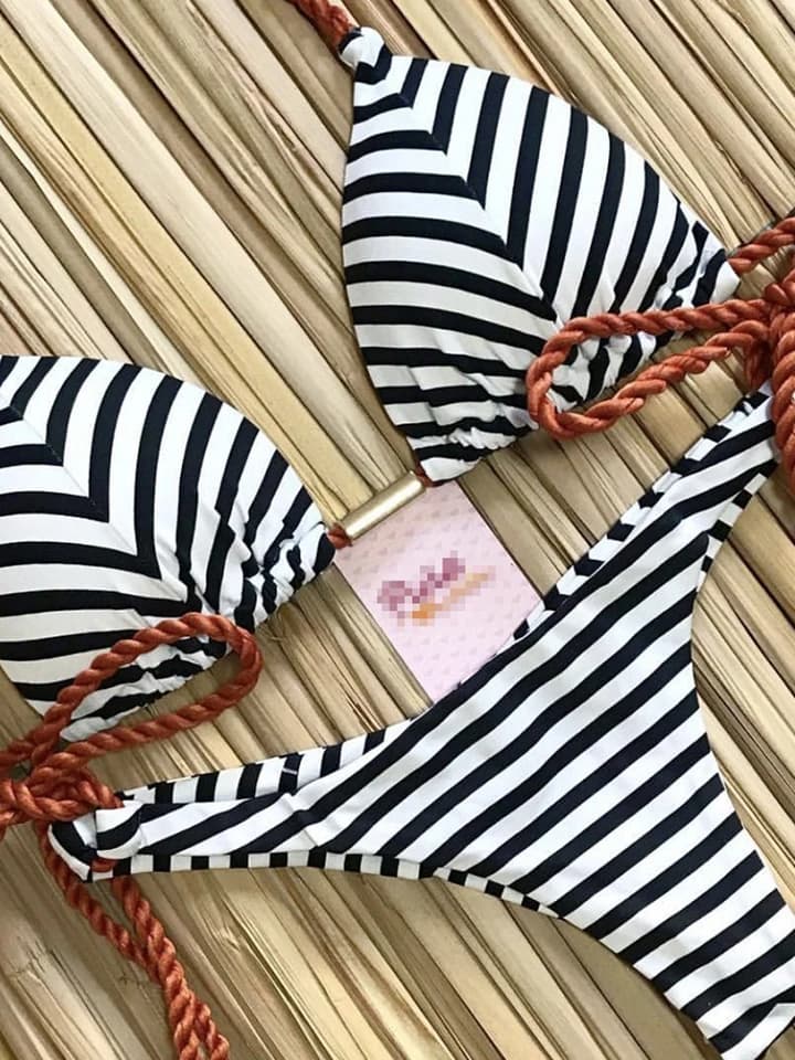 Pruhované bikiny Set Knotted Thong Plavky Dámské brazilské plážové plavky Bandage Style