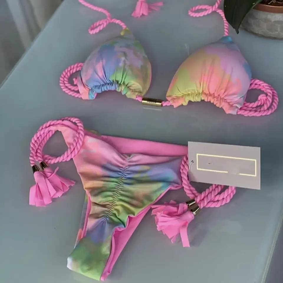 Dámský potištěný string bikinový set dvoudílné rozdělené plavky plážové oblečení