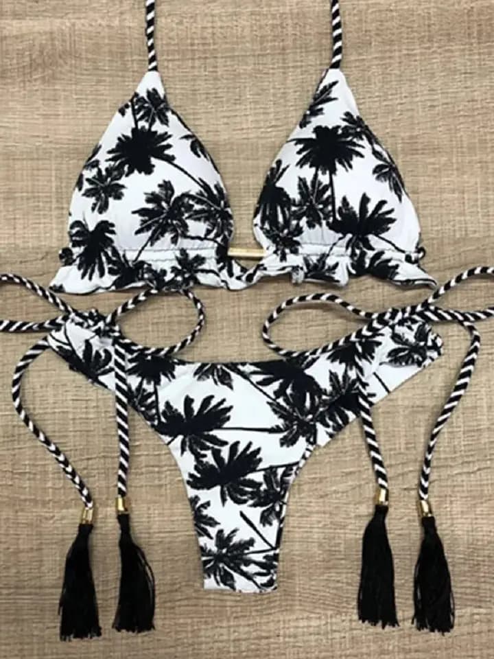 Černobílé kokosové palmy Tisk Bikiny Set Trojúhelníkové Halter Plavky Dámské Plavky Brazilské