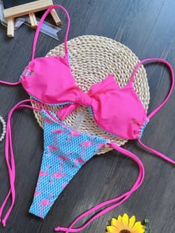 Sexy mřížkované plavky s plameňákem, dvoudílné bikiny, push-up tanga, dámské plavky - náhled 3