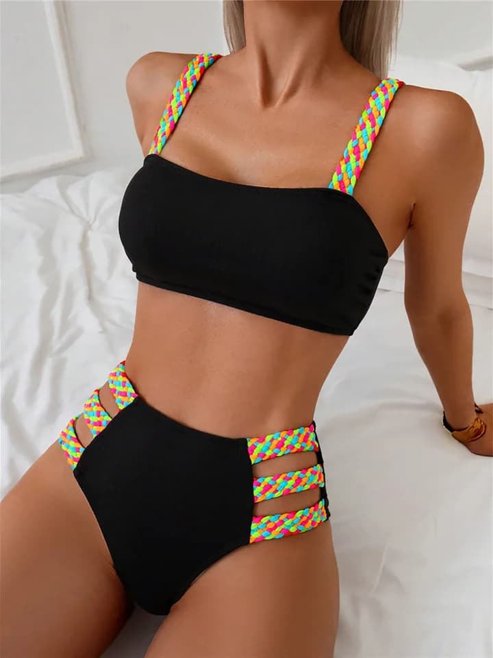 Bikiny s vysokým pasem a výřezem - Dvoudílné plavky pro ženy S-XL, plavky s lemováním