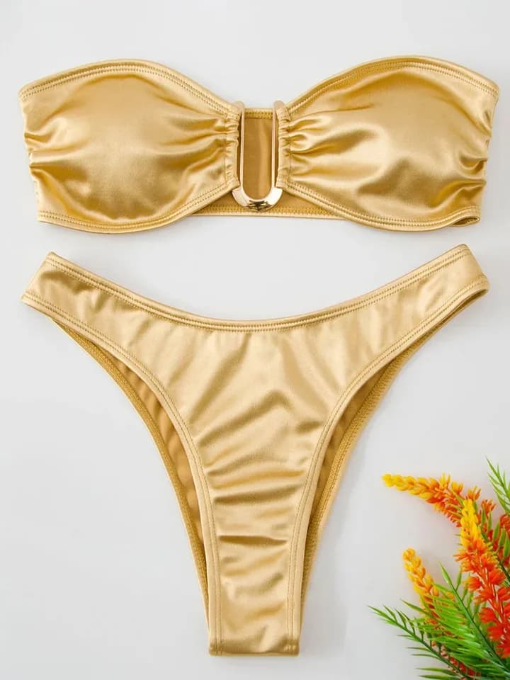 Dámské bikiny s vysokým výstřihem a bez ramínek - lesklé dvoudílné plavky