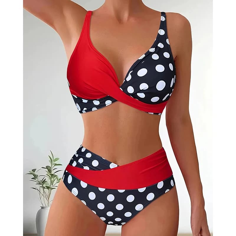 Dámské plavky s vysokým pasem a puntíky, dvoudílné plavky s nepravidelným potiskem, plážové oblečení