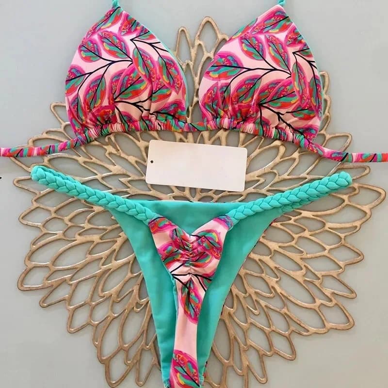 Sexy brazilské trojúhelníkové bikiny - dvoudílné plavky s krajkovým potiskem pro ženy, plážové oblečení