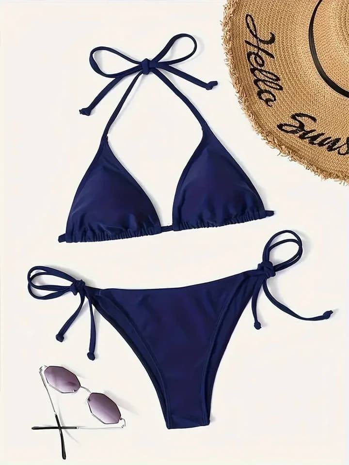 Tmavě modré trojúhelníkové tanga bikiny set - sexy dvoudílné plavky pro ženy plážové plavky