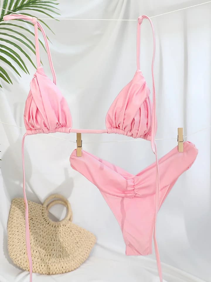 Skládaný trojúhelníkový bikinový set pro ženy, mikro plavky, brazilský styl, plážové plavky