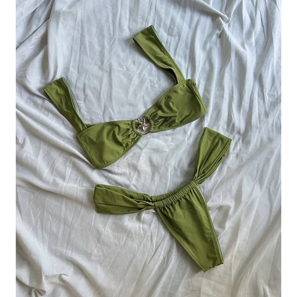 Dámské push-up bikiny set s brazilskými tangy a hvězdicovým potiskem, sexy plážové oblečení