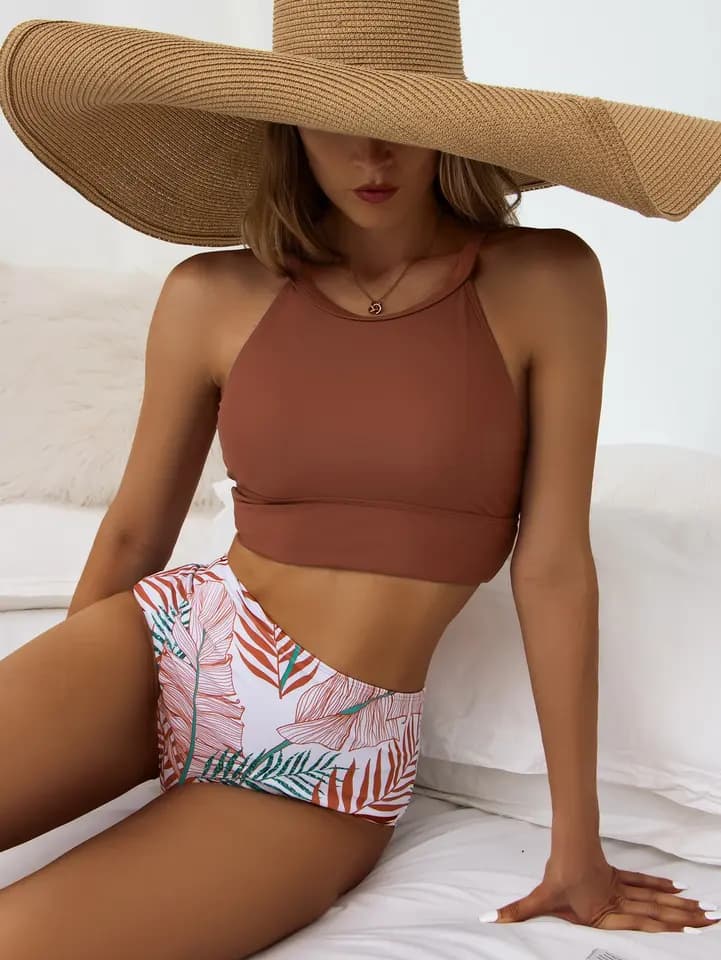Bikiny s vysokým pasem a vysokým krkem - Vyztužené plavky s potiskem pro ženy, plážové oblečení