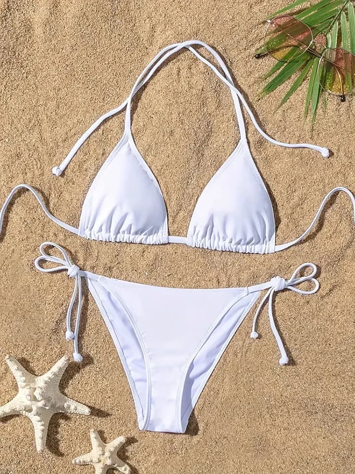Dámský žebrovaný bikinový set s trojúhelníkovým ramínkem - Top s odhaleným zády, vyztužený a boční zavazování - tanga