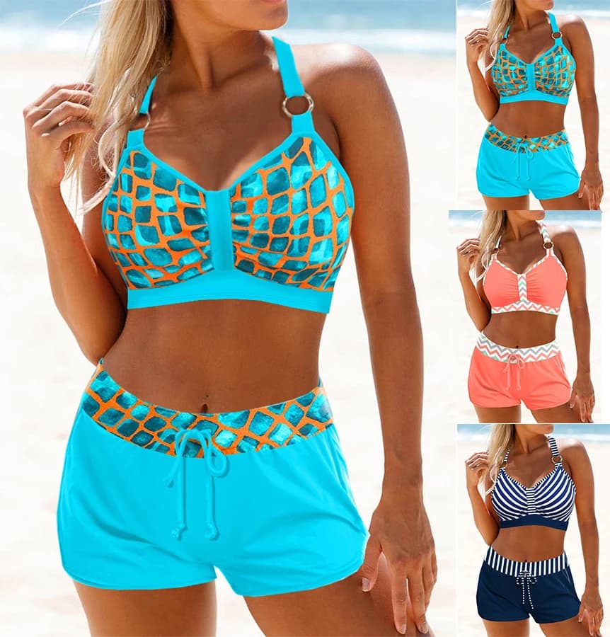 Dámské dvoudílné bikiny, plavky se zlatým kostkovaným potiskem, šněrovací plážové šaty, velikost S-6XL, letní