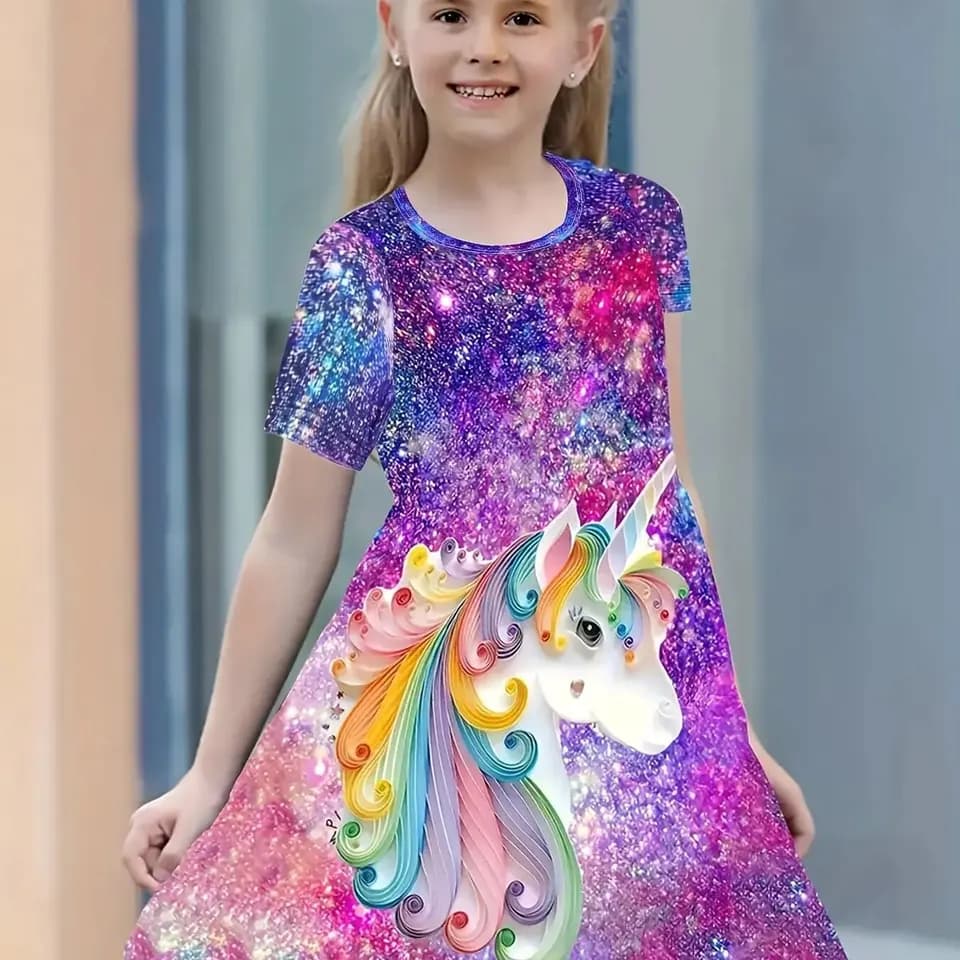 Dívčí šaty s krátkým rukávem a potiskem jednorožce - hvězdný kulatý výstřih, párty, ležérní letní outfit
