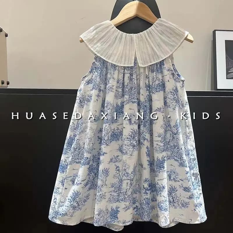 Dívčí retro šaty s potiskem inkoustu, květinovým vzorem a límcem s motivem lotosových listů, letní outfit pro dívky, věk 1–11 let