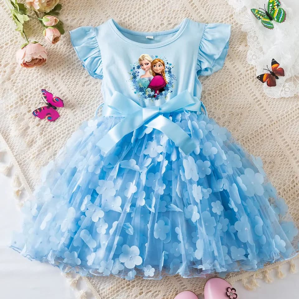 Dívčí princeznovské tutu šaty s 3D motýlí mašlí - bavlněné letní společenské šaty pro věk 2-6 let