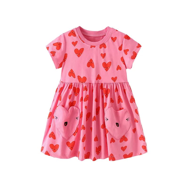 Dívčí letní šaty s potiskem srdíček a kapsami, dětské narozeninové šaty pro děti od 2 do 7 let, roztomilé oblečení pro miminka