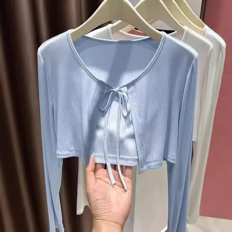Dámský lehký kardigan, zkrácená letní bunda s ochranou proti slunci, korejský styl, modrá