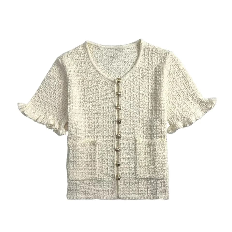 Dámský pletený svetr s krátkým rukávem, kulatým výstřihem, letní vrstvený kardigan, lehký top