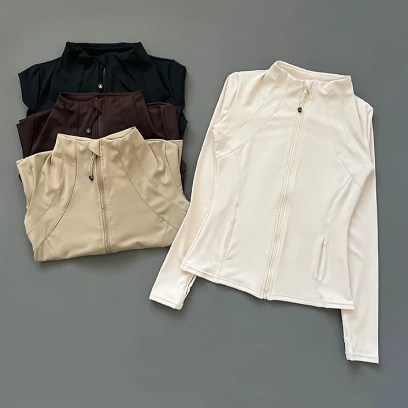 Dámská rychleschnoucí fitness bunda - úzký střih s dlouhým rukávem, jóga, běh, sportovní top se zipem