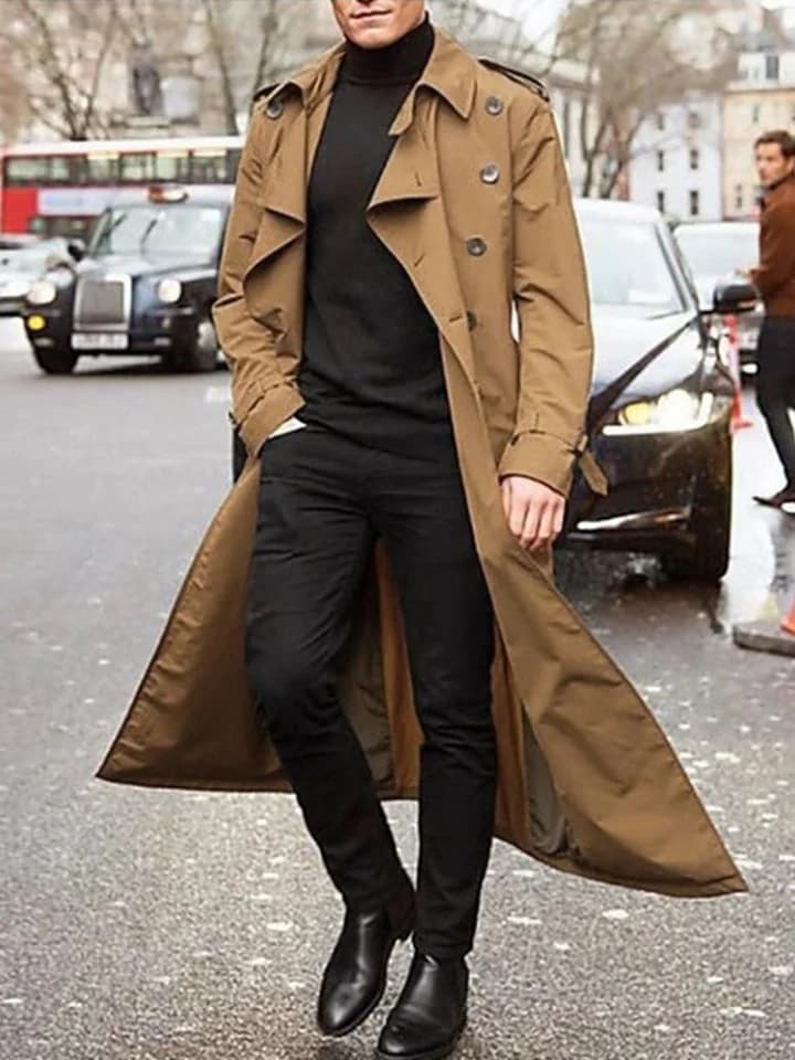 Pánský dlouhý trenčkot, lehká jarní bunda s nárameníky, streetwear, svrchní oblečení