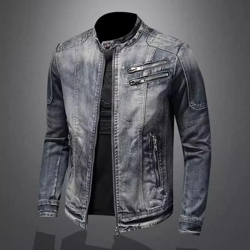 Pánská džínová bunda slim fit - ležérní kabát na zip s odhrnutým límcem na podzim a zimu