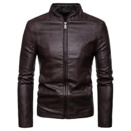 Pánská slim fit bunda z umělé kůže - ležérní kabát v motorkářském stylu v jednobarevném provedení - náhled 2