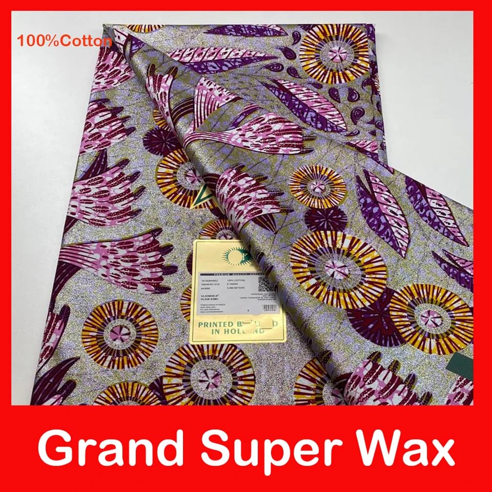 Bavlněná látka s africkým voskovým potiskem, 6 yardů, Ankara Batik, materiál, šedo-zlatý lesk